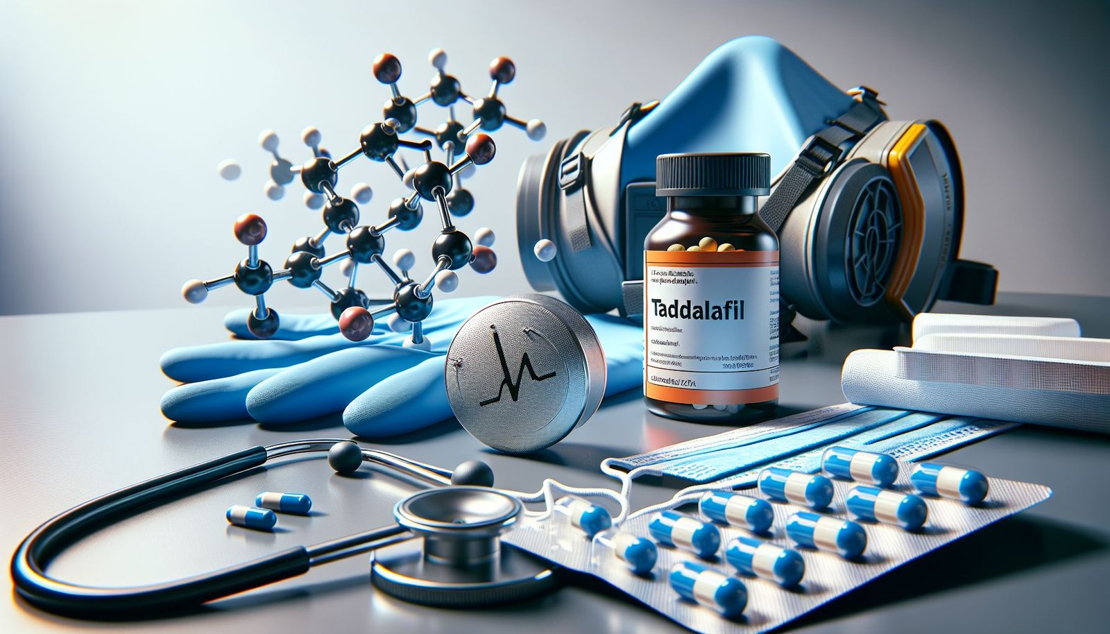 Tadalafil tablets on a pharmacy counter, with chemical structure in the background